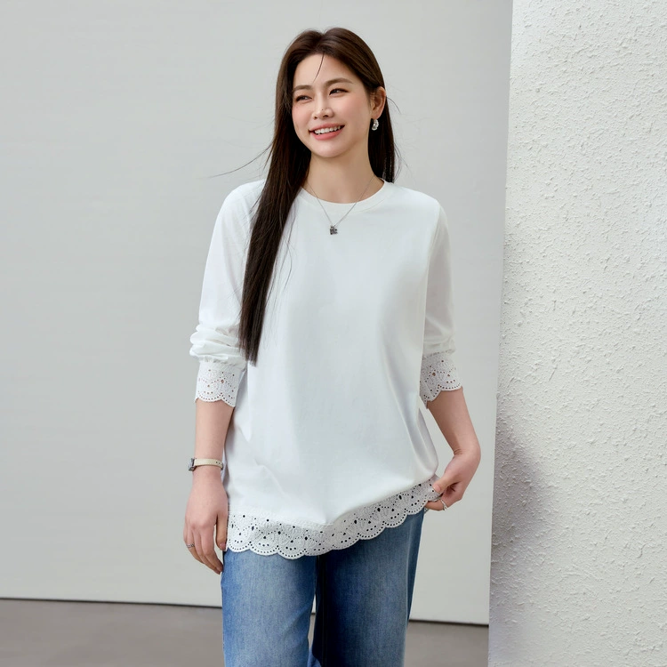 [Модный кружевной сшитый дизайн тонкая футболка] Funny Show большой размер женский толстый mm2025 весенний стиль новый