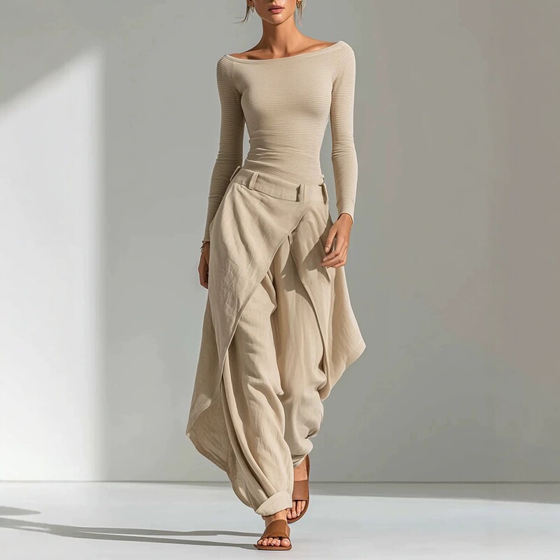 2026 French-style off-shoulder slim-fit long-sleeve top and asymmetrical wrap-around wide-leg pants elegant casual two-piece set 2026 French-style off-shoulder slim-fit long-sleeve top and asymmetrical wrap-around wide-leg pants elegant casual two-piece set