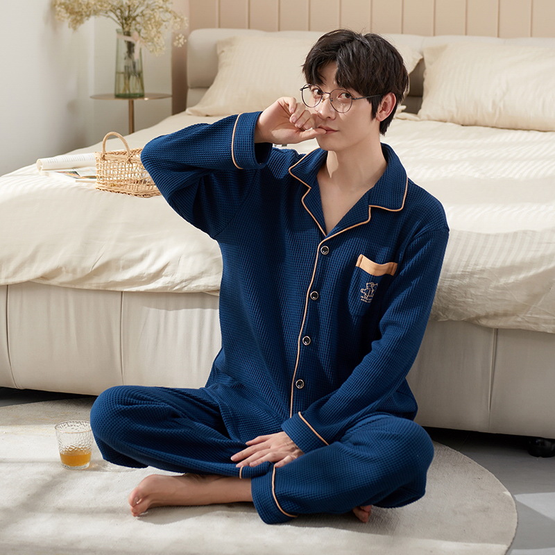 Pijamas de hombre Primavera y otoño solapa de manga larga Cardigan Youth algodón más tamaño suelto traje de uso doméstico se puede usar fuera