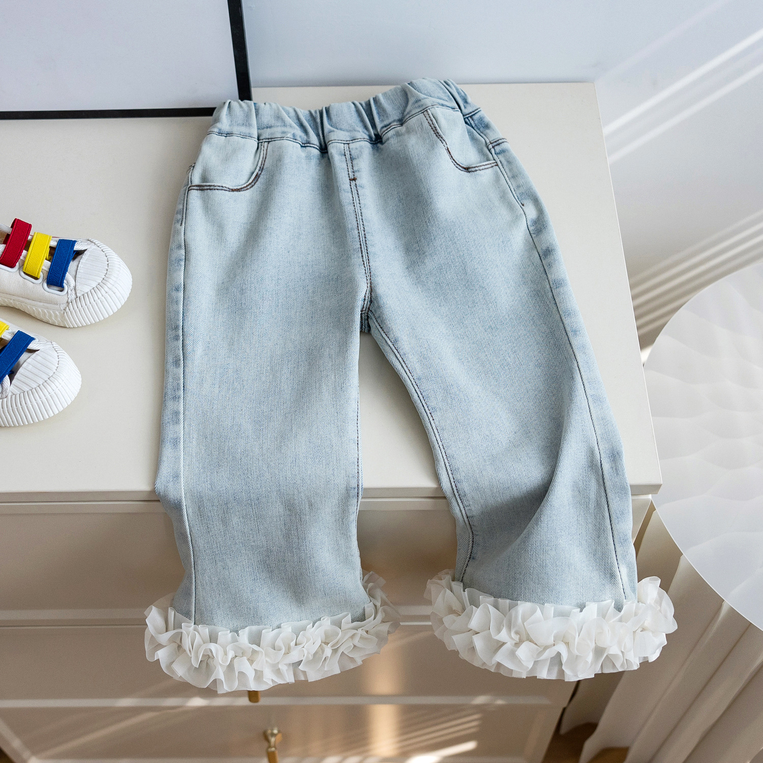 Girls' Jeans Spring and Autumn Long Pants, Cute Baby Girl Light Blue Fringe Stylish Spring New Fashionable Straight Leg Pants