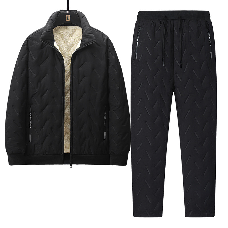 Cross-Border Cashmere Suit Cotton Jacket Autumn and Winter Two-Piece Suit Men's Stand-Up Collar Jacket Ultrasonic Cotton Jacket Cashmere Cotton Pants