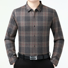 奢侈大品牌羊毛长袖衬衫男士秋冬季加绒格子中年衬衣商务内搭上衣