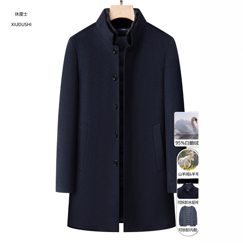 High-end wool coat for men, mid-length, autumn and winter, with cashmere and down filling, thickened mink fur collar, woolen stand-up collar.