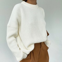 欧米の純色の丸首のセーターの女性2024秋冬の越境の新商品のゆったりしている長袖の怠惰な風のプルオーバーのニットの女性