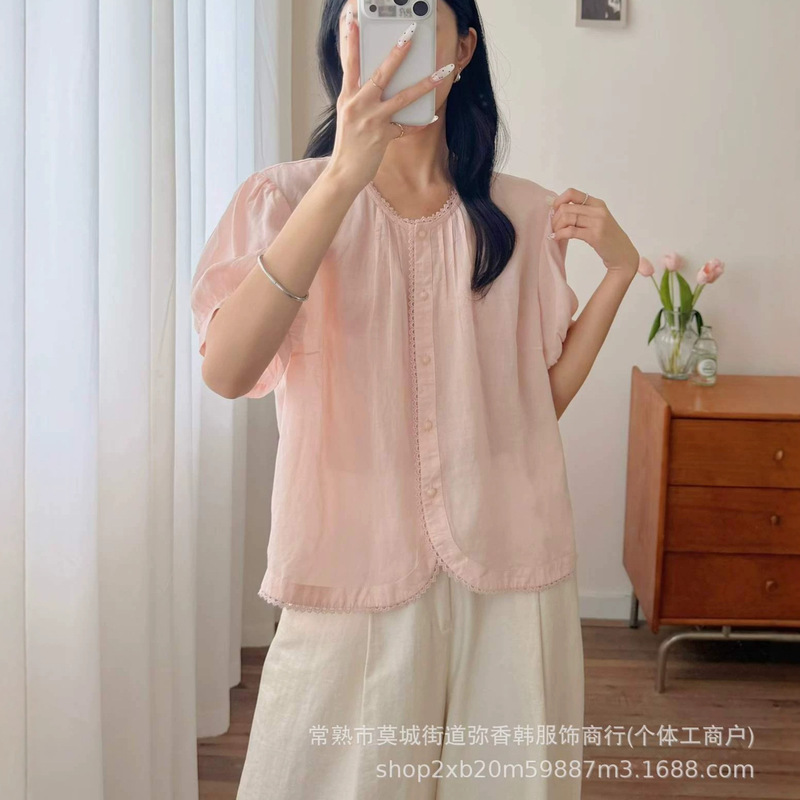 Japanese-Style Mori Vintage Artistic Ramie Lace Trim Loose Round-Neck Short-Sleeve Shirt Top