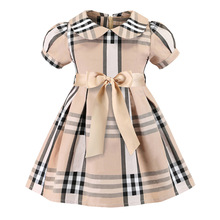 外贸童装2025春夏新款翻领格子撞色英伦风纯棉女童连衣裙一件代发