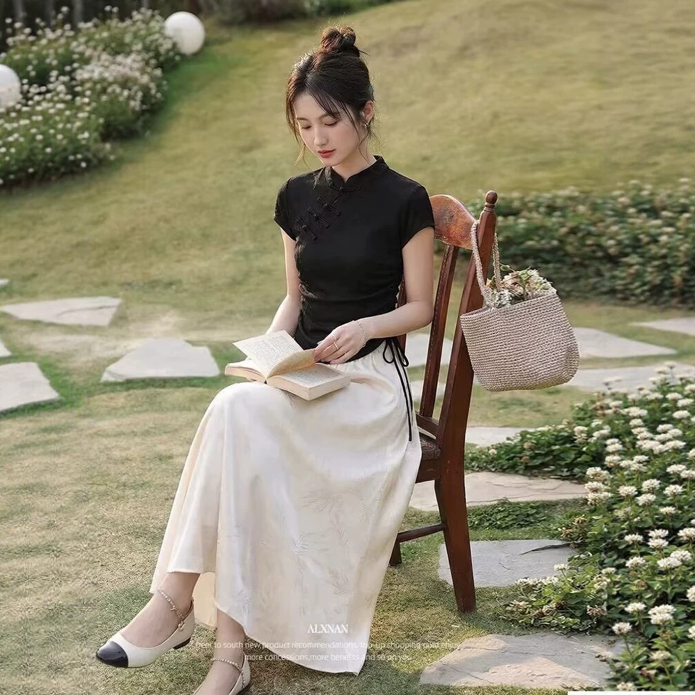Váy chữ A dài nữ phong cách quốc gia màu trắng gạo — màu mơ chi tiết 2