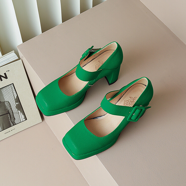 Square head shallow-cut line with waterproof platform chunky heels Mary Jane square buckle shoes_voghion.com