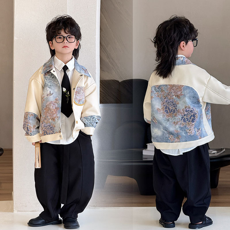 Boys' leather suit 2025 Chinese style new Chinese children's leather boys leather jacket lapel a generation of hair tide