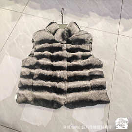 25秋冬新款时髦显瘦蓝龙猫纹马甲懒兔毛气质背心短款毛毛外套皮草