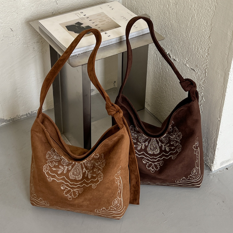 Western-style retro frosted tote bag, large capacity, ethnic-inspired, shoulder bag, handbag, casual and relaxed shopping bag