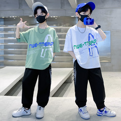 Spring New Children's Short Sleeve Long Pants Set for Older Boys with Letter Print Outerwear Crew Neck Casual Sports Set