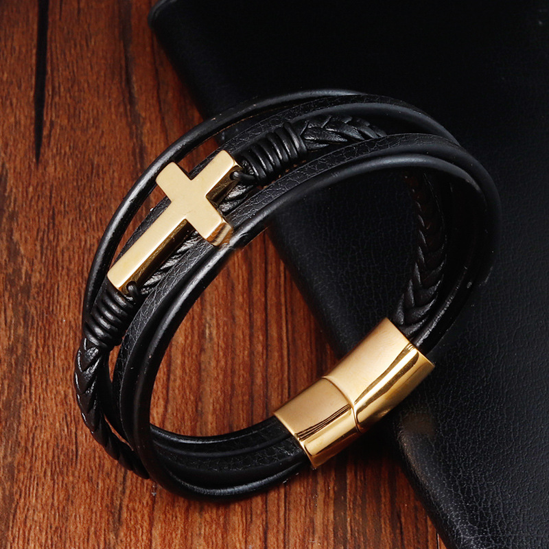 30g Weight Bracelets Classification Leather Chain Material 1 Piece Quantity Daily Occasion Leather, Titanium Steel Material Cross Pattern Men's Gender Layered, Polishing Design Retro, Ethnic Style Style Retro Ethnic Style Cross Leather Titanium Steel Layered Polishing Men's Bracelets Men Cord & Leather Bracelets 8