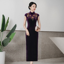 鸿韵绣春秋新款改良韩国绒旗袍长款无袖修身年轻时尚夏季女敬酒服