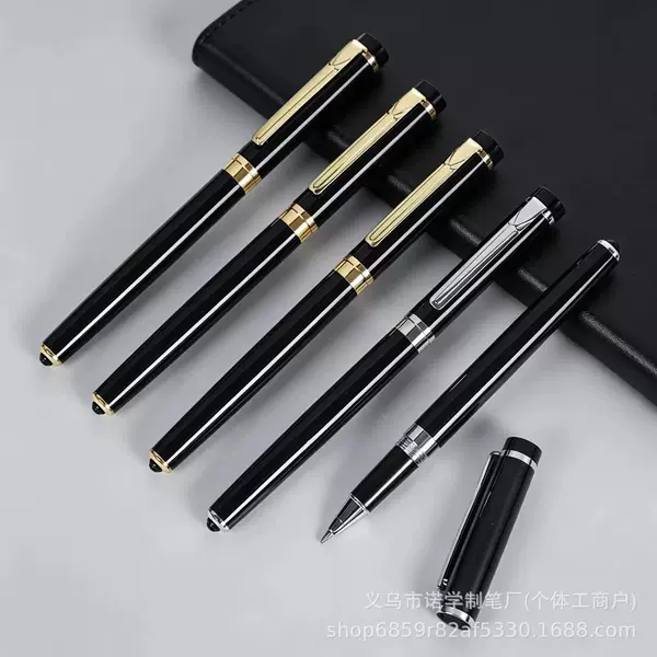 Business office black signature pen, heavy-duty metal ballpoint pen with engraved logo, hotel promotional gift pen
