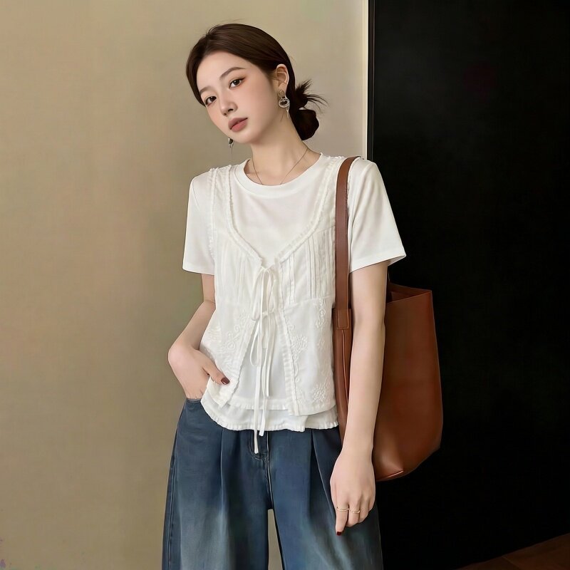 Áo thun nữ tay ngắn cổ tròn phối ren vintage hai lớp buộc nơ — Hai mảnh trắng chi tiết 2