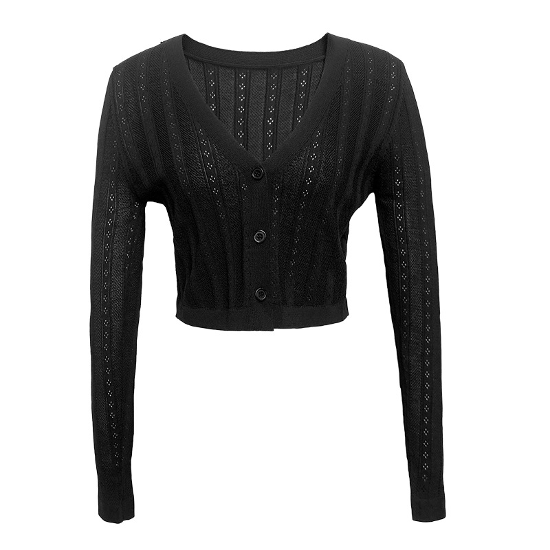 Áo cardigan nữ dệt kim mỏng chống nắng, tay ngắn, dáng suông, phối khăn choàng — Màu đen