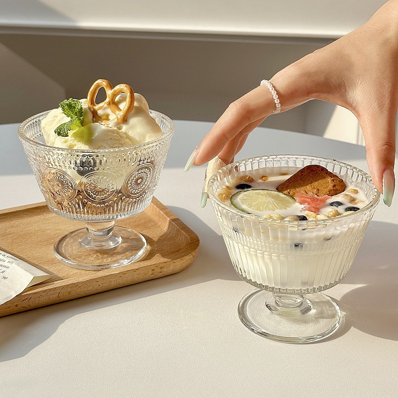 Retro en relieve sol de vidrio bol inswind helado casero helado helado bol yogur avena desayuno bol postre