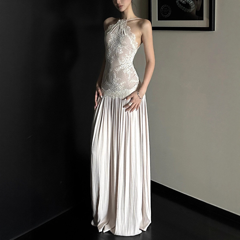Rovente Lace Patchwork Suspender Dress, Feminine and Elegant Ladylike Resort Birthday Dress, Waist-Cinching Backless Long Dress