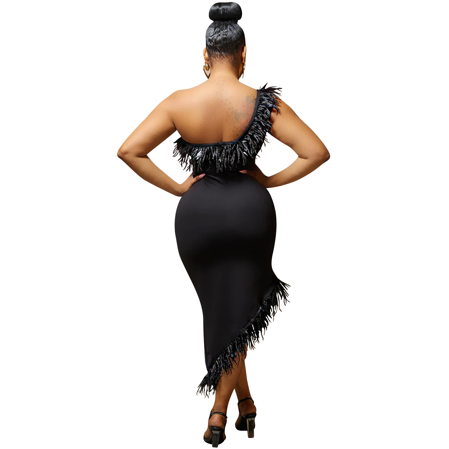 Einfarbiges, ärmelloses Wickelrockkleid mit V-Ausschnitt für Damen und Neujahrsabendkleid mit unregelmäßigen Federn_voghion.com