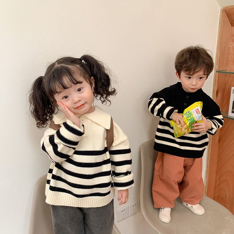 韩系童装男女童2023秋冬洋气针织衫儿童时髦翻领百搭条纹长袖毛衣