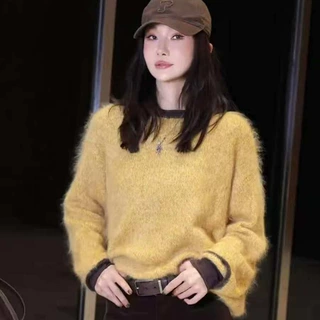 秋冬新款拼色拉毛针织衫女圆领宽松百搭毛衣女装衣服长袖打底上衣
