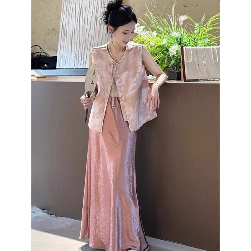 2025年夏服、ユニークで美しい新しい中国風ピンクジャカードベストとスカートの2点セット|undefined