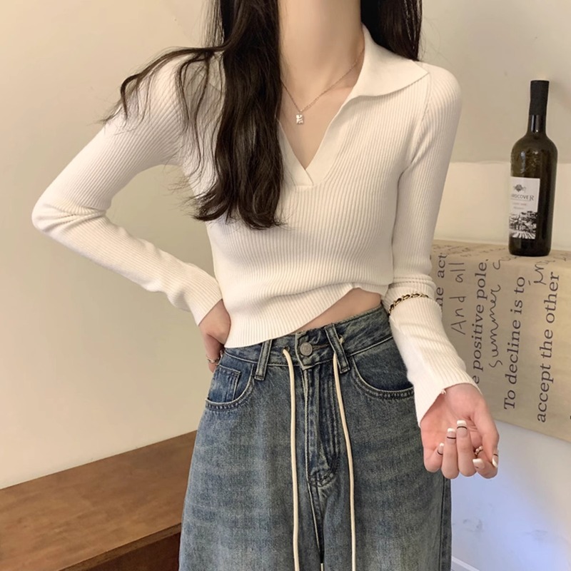 睛雅服饰灰色POLO领针织打底衫女夏季2025年新款纯欲修身短款上衣|undefined
