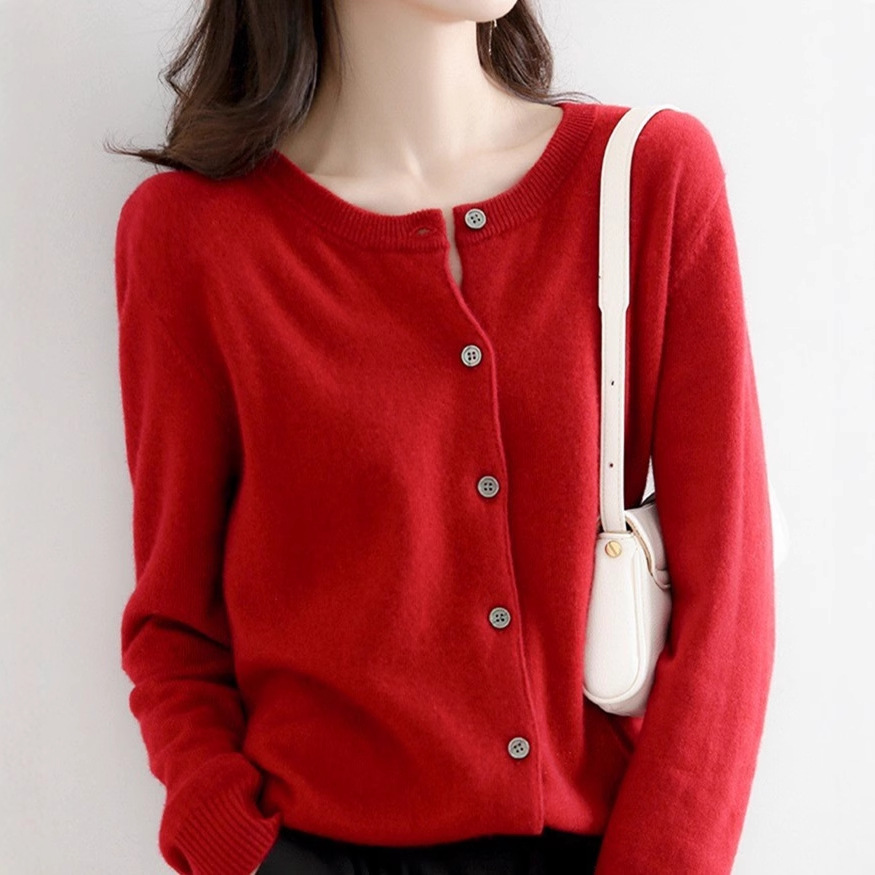 2025 Spring and Autumn New Knitted Sweater Cardigan Women's Round Neck Short Slim Bottoming Shirt Long Sleeve Tops Top