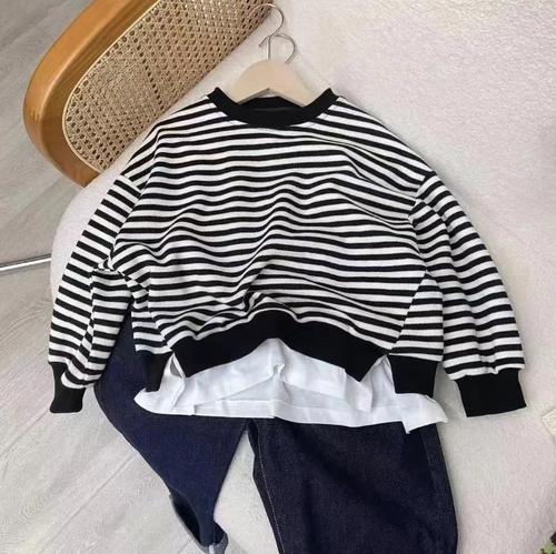 New Autumn Children's Sweatshirt Two-Piece Black and White Striped Top Casual Round Neck Loose Fit for Boys and Girls Fashion