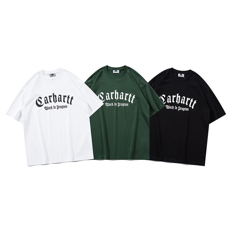 カーハレターズ刺繍入りウォッシュ加工ラウンドネックルーズフィット男女兼用カップル向けcarhar半袖Tシャツ2026新作