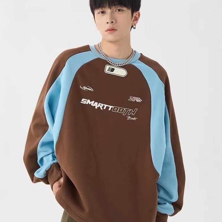 Wholesale In-Stock 2025 New Chinese Style Men's Sweatshirt Niche Design Spring and Autumn American Trendy Loose Patchwork Top