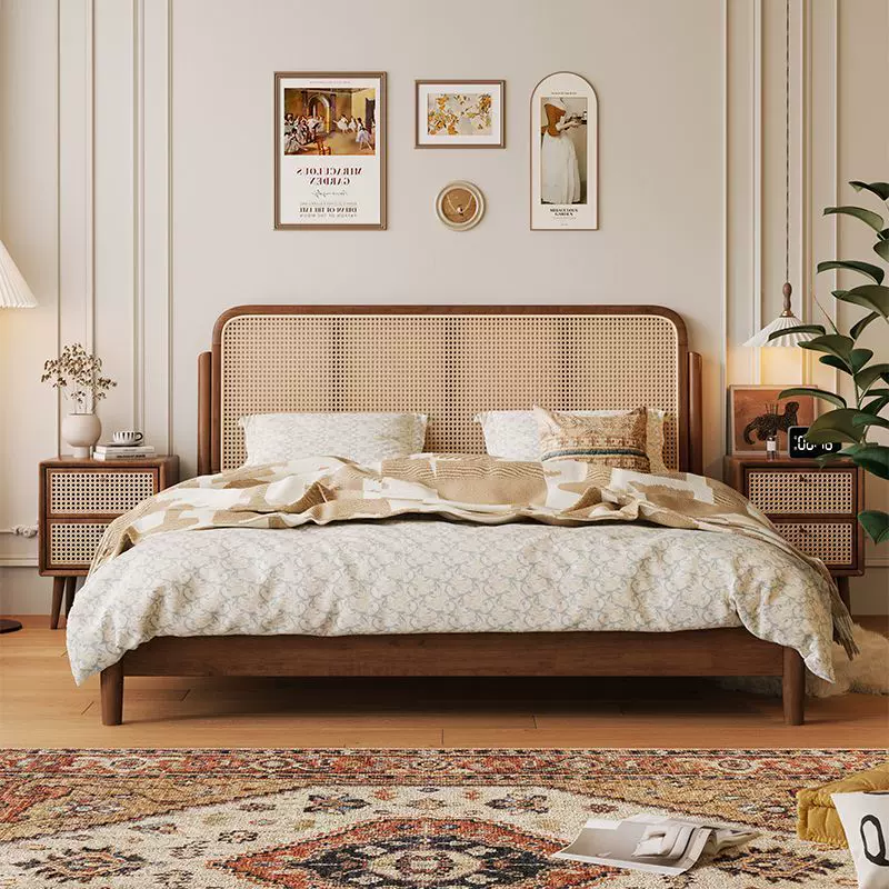 复古中式实木藤编床1.5米双人床1.8米家用小户型1.2m单人床民宿床
