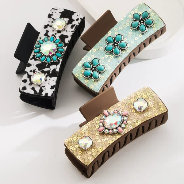 European and American Retro Leather Diamond-encrusted Pearl Turquoise Grab Clip Back Head Tie Hair Square Clip Fashion Elegant Hair Clip