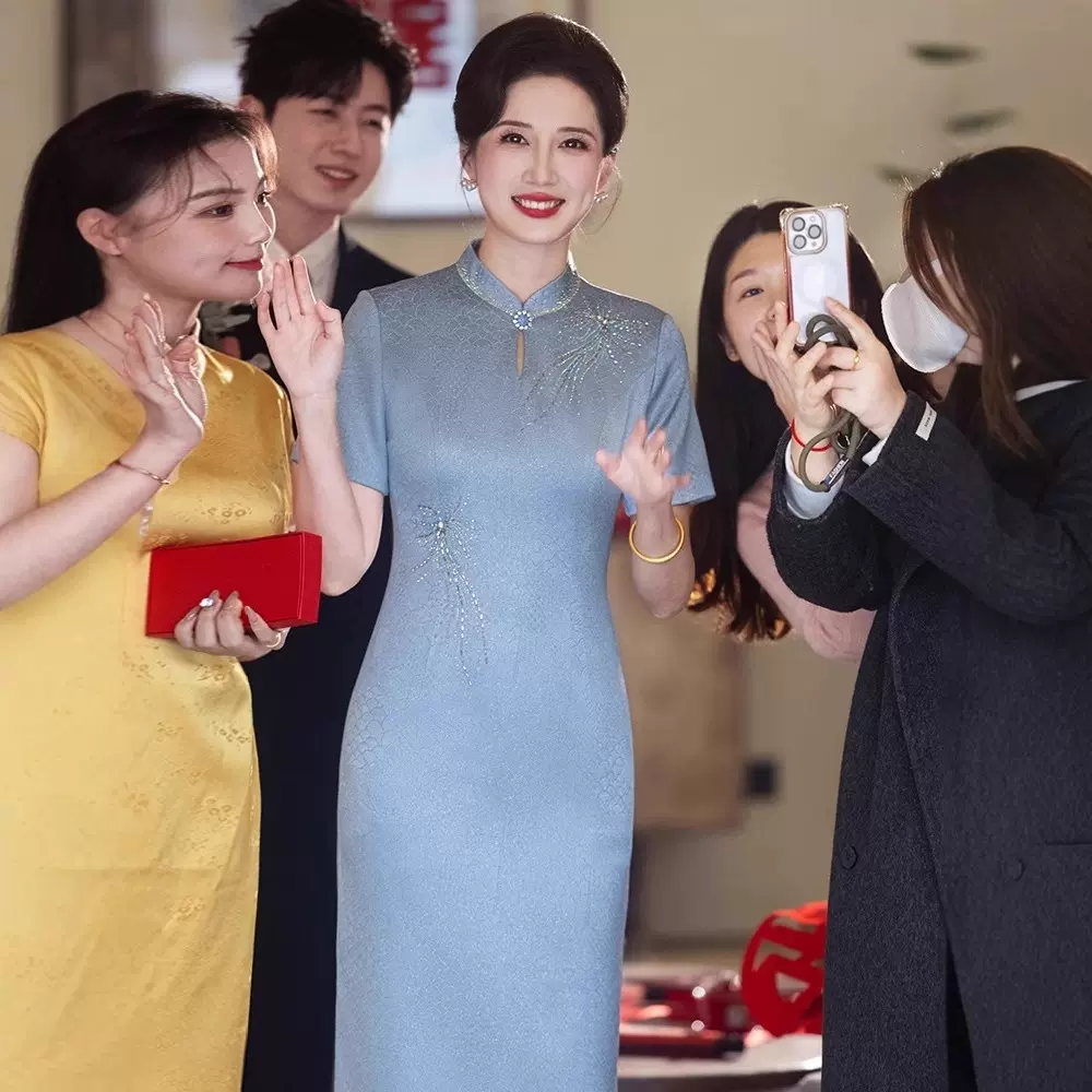 蓝色新款醋酸旗袍妈妈气质婚宴礼服裙中长款夏季喜婆婆旗袍裙时尚