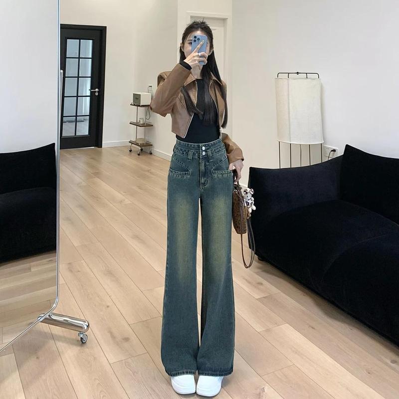 春秋款直筒裤女复古时尚宽松舒适休闲牛仔裤子高腰显瘦设计感长裤|undefined