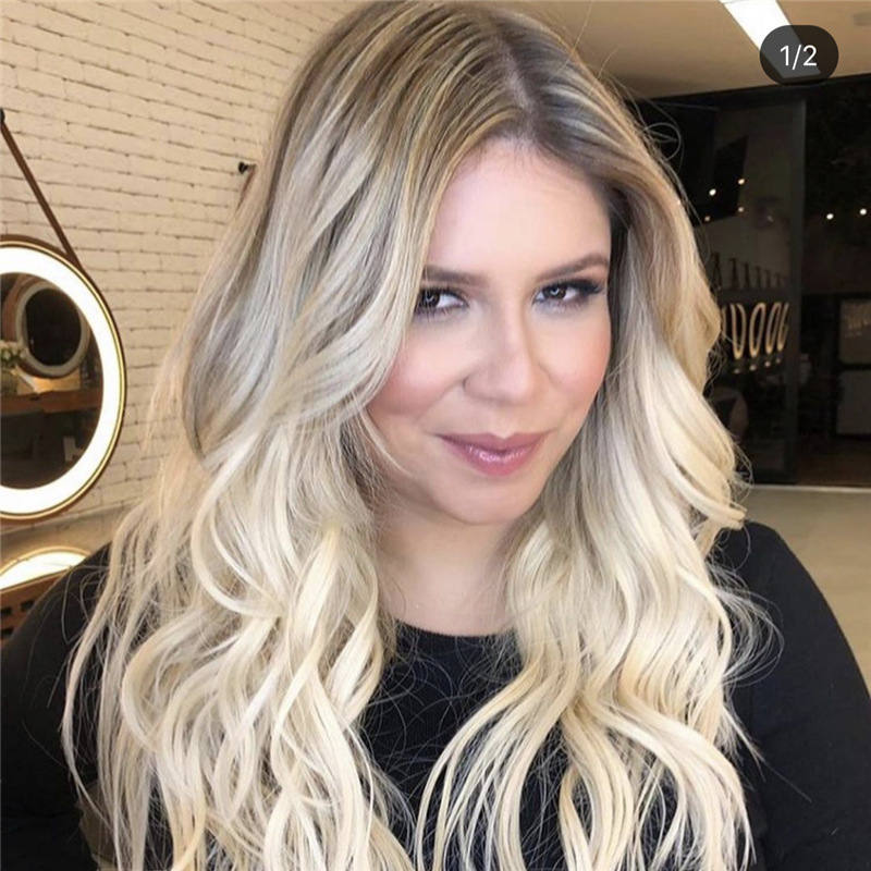 Peluca europea y americana Peluca de las mujeres de pelo largo rizado de oro peinado largo onda grande mullido fibra química peluca cabeza cubierta