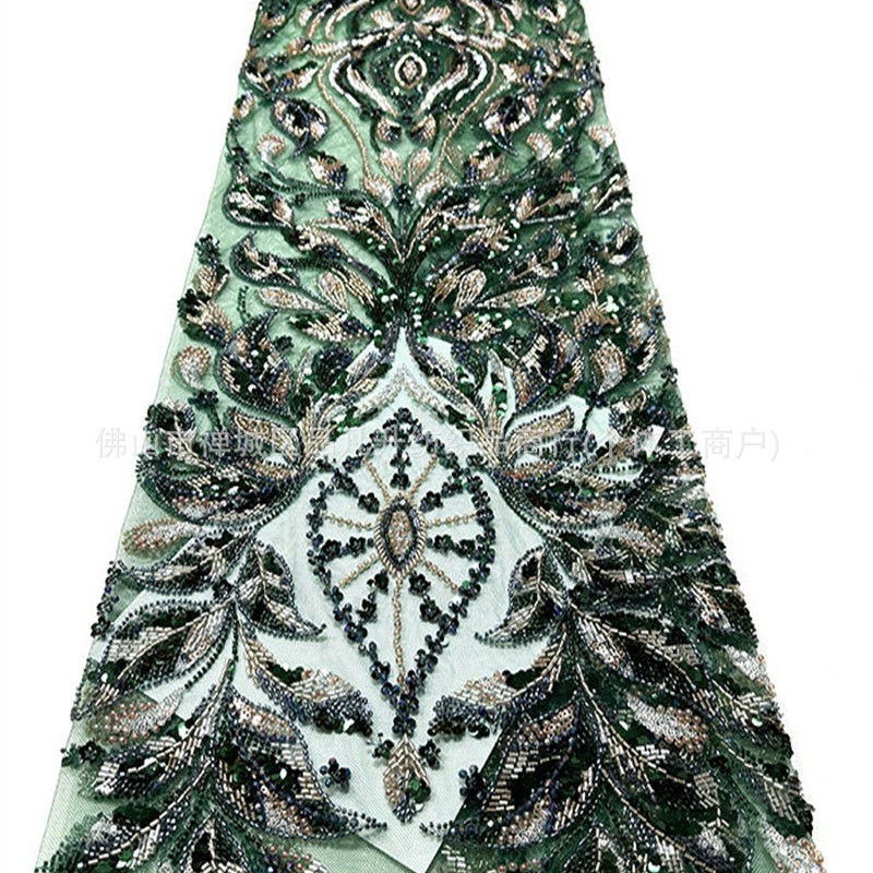 Hojas de plantas pesadas clavos tela de malla de cuentas bordadas a mano piezas de cola de pez cena brindis tela de boda image 3