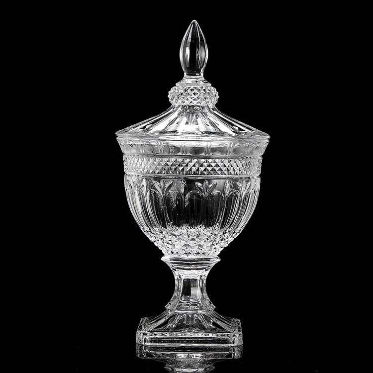 欧式复古浮雕玻璃糖果盒高脚糖果罐干果盒带盖收纳盒家居储物罐