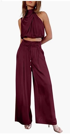 Women's 2-piece Summer Casual Sleeveless Collar Open Navel Top Wide Leg Pants Set_voghion.com
