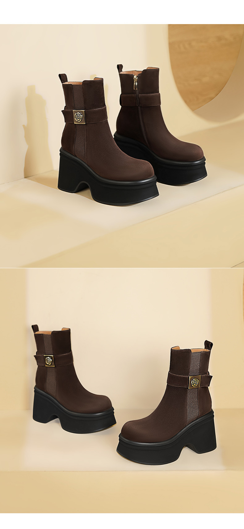 Boot nữ cổ thấp đế platform da lộn gót vuông 9 cm hoa sơn trà kim loại — màu đen, màu cà phê chi tiết 8
