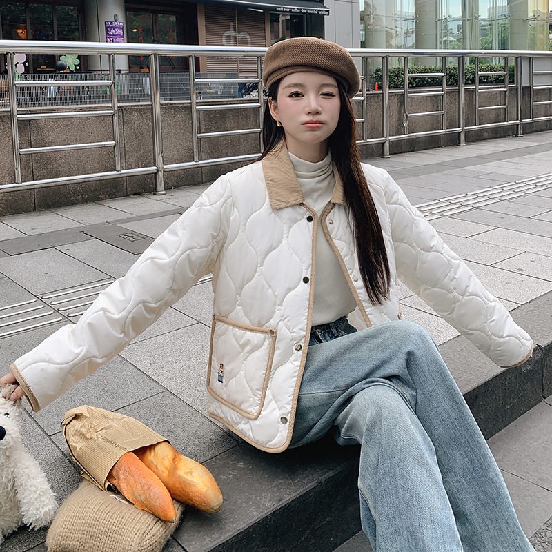 韩系剌绣小熊棉服外套女秋冬季新款棉袄拼接翻领短款棉衣批