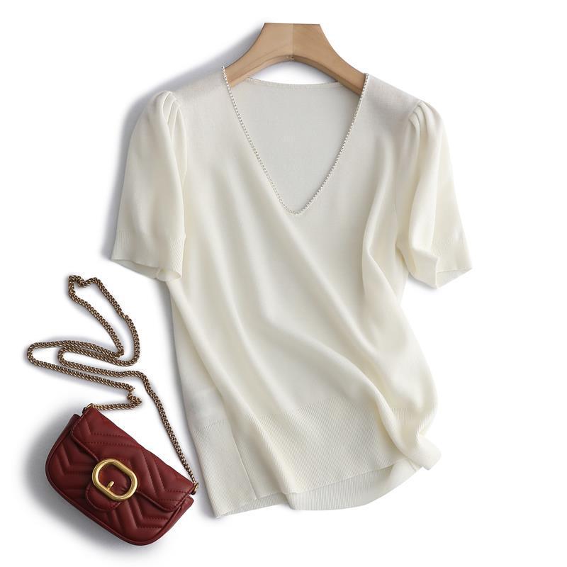 Gentle and Cool Four-Empty Flat Needle Shaped Diamond Curved V-Neck Short-Sleeved Sweater for Spring Women
