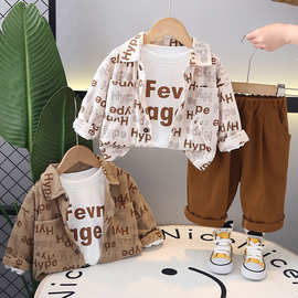 春秋季新款男童时尚满印翻领长袖三件套中小童洋气灯芯绒衬衫套装
