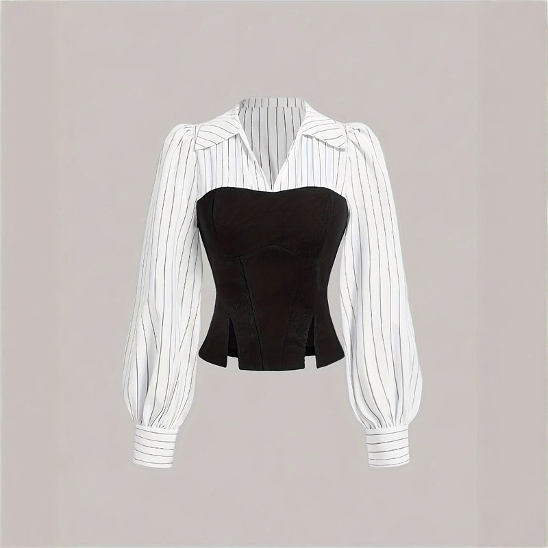 Cross-Border Vintage Black and White Patchwork Women's Shirt with a Turn-Down Collar, Striped Puff Sleeves, Waist-Cinching, Slimming, Elegant, Versatile Short Shirt Cross-Border Vintage Black and White Patchwork Women's Shirt with a Turn-Down Collar, Striped Puff Sleeves, Waist-Cinching, Slimming, Elegant, Versatile Short Shirt