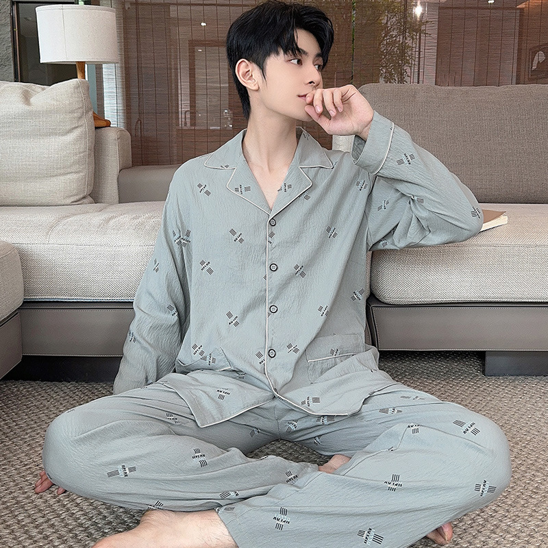 2025 nuevo pijama de primavera y otoño de hombre nubes de algodón de manga larga con la solapa de vestir de casa para niños set de verano