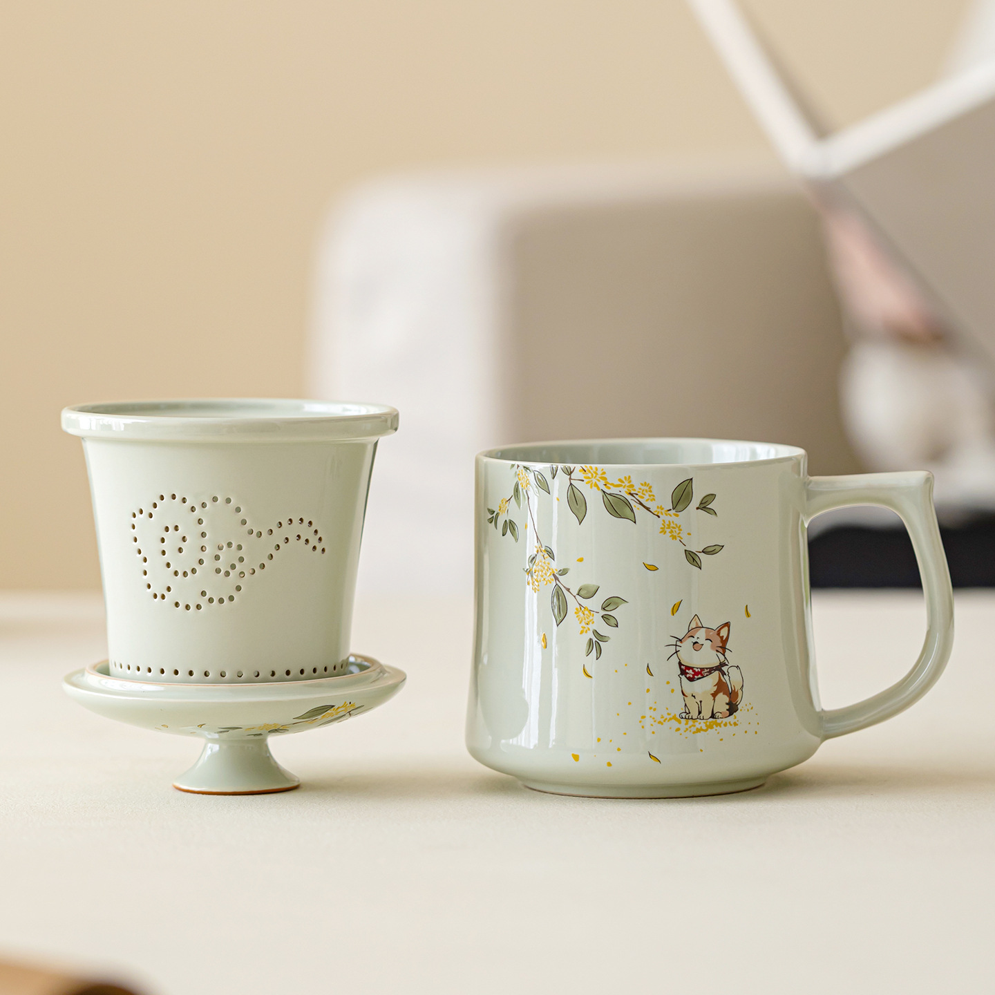 Taza de oficina de separación y filtración de té gris de vegetación, cerámica de gatito de Osmanthus dulce, taza de té con tapa individual