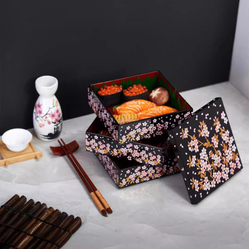 New medium-sized lacquer box Japanese hot stamping realistic cherry blossom sushi box lunch box three-layer New Year lunch box snack box gift box