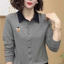 2025春季新款撞色刺绣妈妈女装气质长袖t恤女减龄宽松休闲上衣女