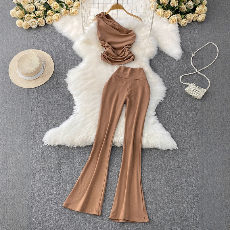 Carefully Selected European and American Sexy Style Slanted Collar Off-Shoulder Vest Pleated Waist Slimming Look Top + High-Waisted Bell-Bottom Pants Carefully Selected European and American Sexy Style Slanted Collar Off-Shoulder Vest Pleated Waist Slimming Look Top + High-Waisted Bell-Bottom Pants